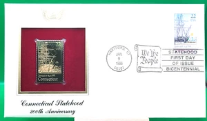 22K GOLDEN REPLICA FDC   Connecticut Statehood 200th Ann. Stamp 1988 - Picture 1 of 3