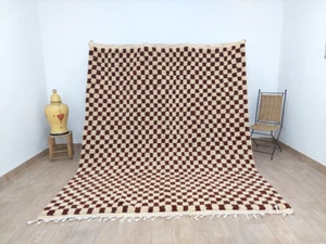 Custom Moroccan Checkered Living Room Rug Brown Beige Checkerboard Handmade Rugs - Picture 1 of 13