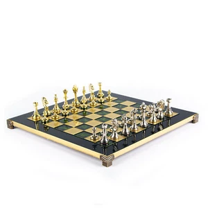 Classic Metal Staunton Chess Set - Brass Nickel Pawns - Green chess Board - Picture 1 of 7