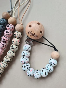 Dummy Clip Chain Personalised Soother Holder Silicone Beads Wood - Picture 1 of 5