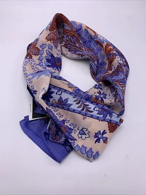 $49  Echo Scarf silk 16 X 70"  BLUE BACK   PALM TREE & FLOWERS #331 - Image 1 of 4