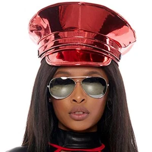 Red Vinyl Hat Metallic Shiny Military Cop Authority Dance Rave Costume 999474 - Picture 1 of 7