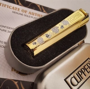 Refillable Metal Clipper Lighter Rose Pattern Gas Flint Gift Box 24K Gold Plated - Picture 1 of 2