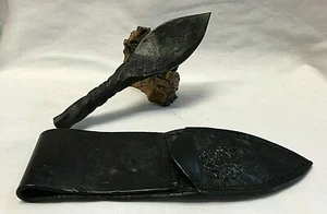 Vtg Handmade Knife Black Hand Tooled Leather Sheath Iron Dagger Twist Handle  - Picture 1 of 10