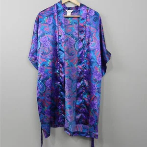 Vintage Mervyns Partners Satin Kimono Robe Sz M Purple Paisley Belted Short Wrap - Picture 1 of 8