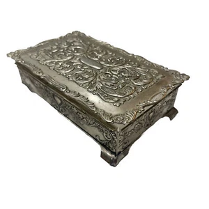 Vtg Silver Plate Victorian Jewelry Box Footed Trinket Box Velvet Lined Heritage - Picture 1 of 6