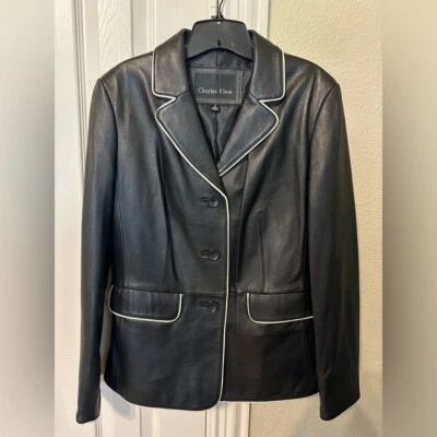 Charles Klein black leather blazer w white piping.  Size M. EXCELLENT condition - Image 1 of 4