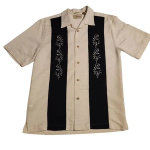 Cubavera Shirt Embroidered Panel Short Sleeve Button Up Cream Black Small - Picture 1 of 14