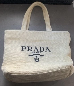 Prada Womens Woven Raffia Straw Tote Bag Embroidered Logo 11.5 x 16 Inches - Picture 1 of 11