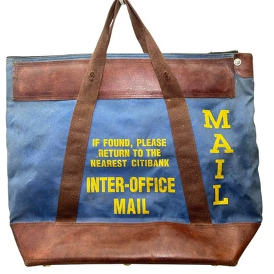 Bolso de Mano Citibank Correo Interoficina De Colección Lona Cuero Borde Estilo Industrial Foto 1 de 4