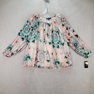 INC Womens Top Plus Size 0X Green Floral Tie Boat Neck Pleated Flowy NEW Blouse - Image 1 of 4