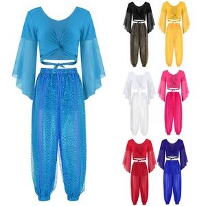 Disfraz de espectáculo escénico para mujer cuello en V top corto con pantalones manga acampanada de tul 3/4 - Imagen 1 de 99