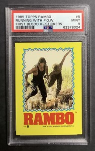 1985 topps first blood #5 rambo rc; full puzzle back PSA 9 💥 MINT, POP 1, 0^