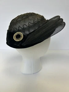 SOMBRERO Vintage Años 50 Original Roberta Bernays Mujer Tejido Terciopelo Negro Adornado - Imagen 1 de 12
