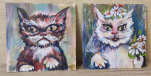 Original Art 2 Set Cats Whimsical Portrait Wedding Painting Animal Face Pet 8x8