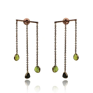 Natural Raw Peridot & Tourmaline Drop Chain Earrings Statement Earrings Jewelry - Picture 1 of 15