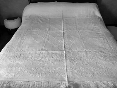 Linge Ancien Couvre Lit De Mariage 1800/1900 4 Cotés Dentelle - Photo 1/4