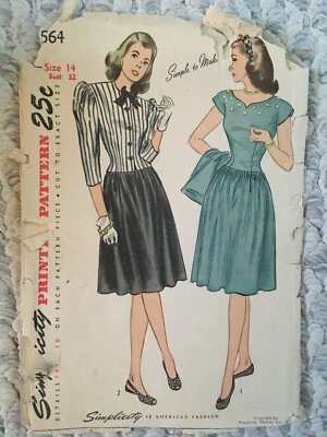 Vintage RARE 1940's Simplicity 1564 Drop Waist Fitted Dress w Jacket - FF, UNCUT - Image 1 of 3