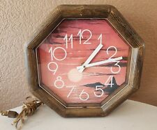 1980's Vintage Retro Sunset Faux Wood Framed Octagon Electric Wall Clock