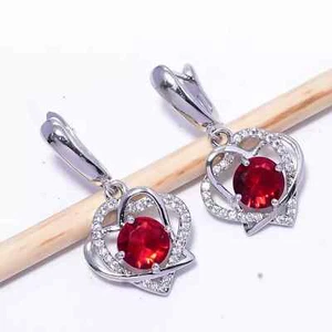 5Ct Round Cut Simulated Red Garnet Pretty14k White Gold Silver Made Hoop Earring - Picture 1 of 4
