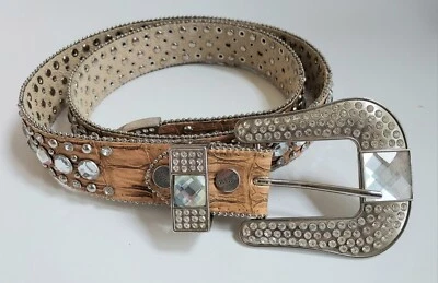BHW 714 Genuine Tan Leather Rhinestone Crystal Ladies Rodeo Western Belt Sz Lg - Image 1 of 4