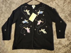 NWT Quacker Factory Cardigan Sweater Embroidered Angel Snow Women's 1X Black - Picture 1 of 11