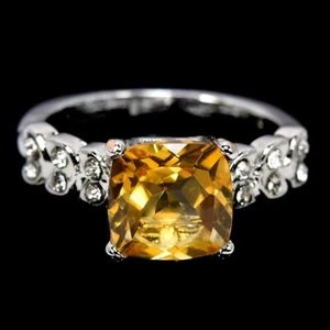 NATURAL AAA ORANGISH YELLOW CITRINE & WHITE CZ STERLING 925 SILVER RING SIZE 6 - Picture 1 of 6