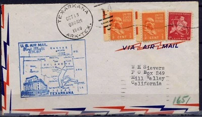Cover First Flight United States, 1949. Texarkana to Mill Valley. Dallas Area, - Image 1 of 3