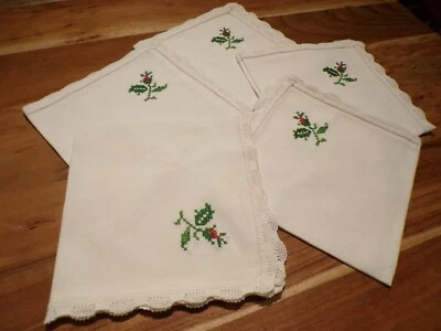 Linge ancien 5 Serviettes coton blanc   brodées de rose et dentelle  ( ref 36 ) - Photo 1/4