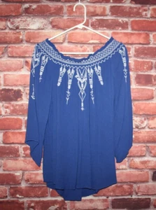 Terre Bleue Womens Shirt Blue & White Embroidered Peasant Blouse Top Size L - Picture 1 of 5