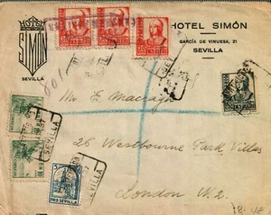 F-EX321 ESPAÑA HOTEL SIMON. SEVILLA. GUERRA CIVIL DE CENSURA 1937. INGLANDIA - Imagen 1 de 2