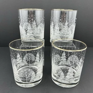Lynns China PINES Double Old Fashioned Glasses (4) Snowy Pine Forest Gold Rim - Picture 1 of 19