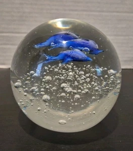Blown Glass Paperweight 3 Dolphins Suspended Bubbles Clear Round  - Picture 1 of 6