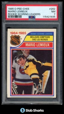 1985 O-PEE-CHEE #262 MARIO LEMIEUX RC ROOKIE SCORING LEADERS PSA 7 - Image 1 of 4