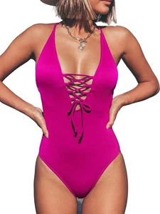 CUPSHE Swimsuit Size {Large} Ribbed/ V- Neck/ Lace Up/ One Piece - Picture 1 of 4