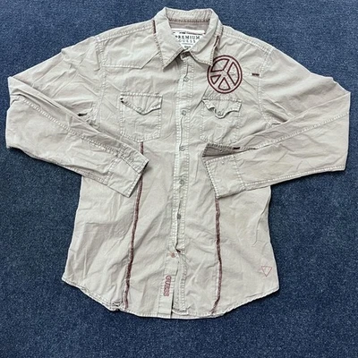 Vintage Y2K Guess Shirt Mens Sm Khaki Long Sleeve Button Down Embroidered Eagle - Image 1 of 4