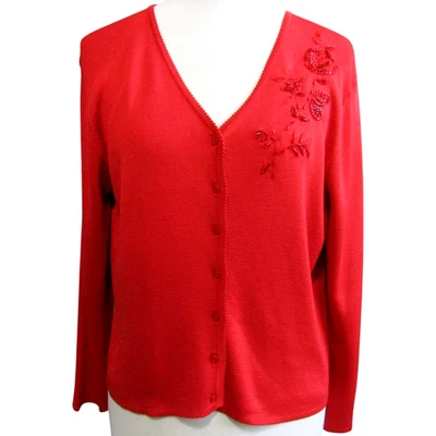 Cárdigan suéter vintage Ann Taylor seda rojo cuentas para mujer talla L manga larga Foto 1 de 4