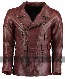 Chaqueta larga de cuero para motociclista de colección 3/4 rojo en dificultades para hombre - Imagen 1 de 4