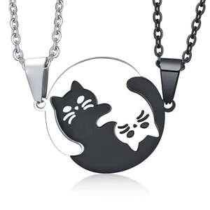 Yin Yang Cat Pendant Necklace for Couples Him Her Best Friends Romantic Gift Set - Picture 1 of 6