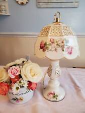 Vintage Style Reticulated Ceramic Porcelain Lamp Gold Trim Pink Roses 13"