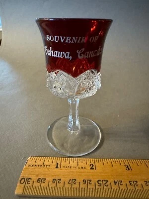 EAPG RUBY STAINED SOUVENIR OF OSHAWA, CANADA ANTIQUE CORDIAL SHERRY GLASS - Image 1 of 4
