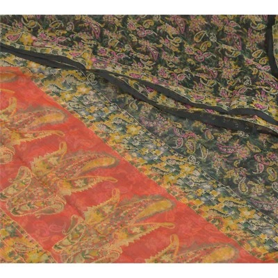 Sanskriti Vintage Sarees Indian Black/Red Chiffon Printed Sari 5Yd Craft Fabric - Image 1 of 4