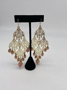 Bollywood Style Large Earrings dangle gold With Pink Glass Beads - Picture 1 of 2