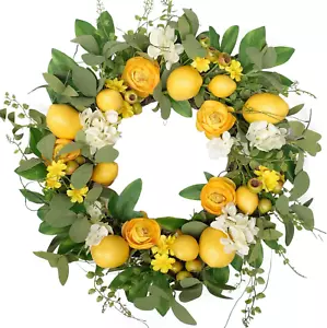 20 Inch Artificial Lemon Wreath for Front Door Yellow Peony White Hydrangea Gree - Picture 1 of 6