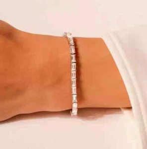 10Ct Emerald Cut Lab Created Women Diamond Tennis Bracelet 14K White Gold Plated - Picture 1 of 3