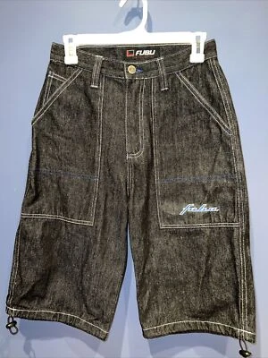 Vtg 90's Fubu Logo Denim Blue Jean Hip Hop Skater Baggy Streetwear Shorts 28x13 - Image 1 of 4