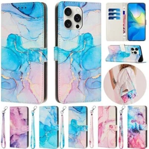 Luxury Strap Leather Marble Wallet Cover Case For 16 15 14 13 12 11 Pro Max 8 7 - Picture 1 of 47