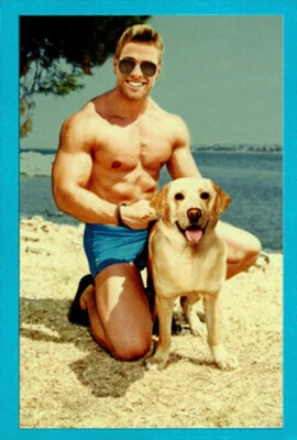 Man And Dog Posing For Picture on Beach Funny / Humorous Birthday Card - Image 1 of 2