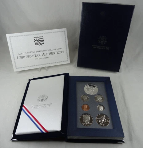 1994-S US Mint Prestige Proof Set World Cup Silver Dollar Box & COA 7 Coins Cover
