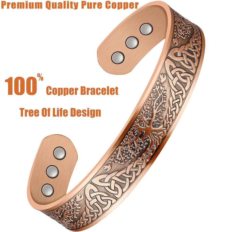 100% Premium Solid Pure Copper Magnetic Bracelets Tree of Life Cuff Bangle Mens - Image 1 of 4